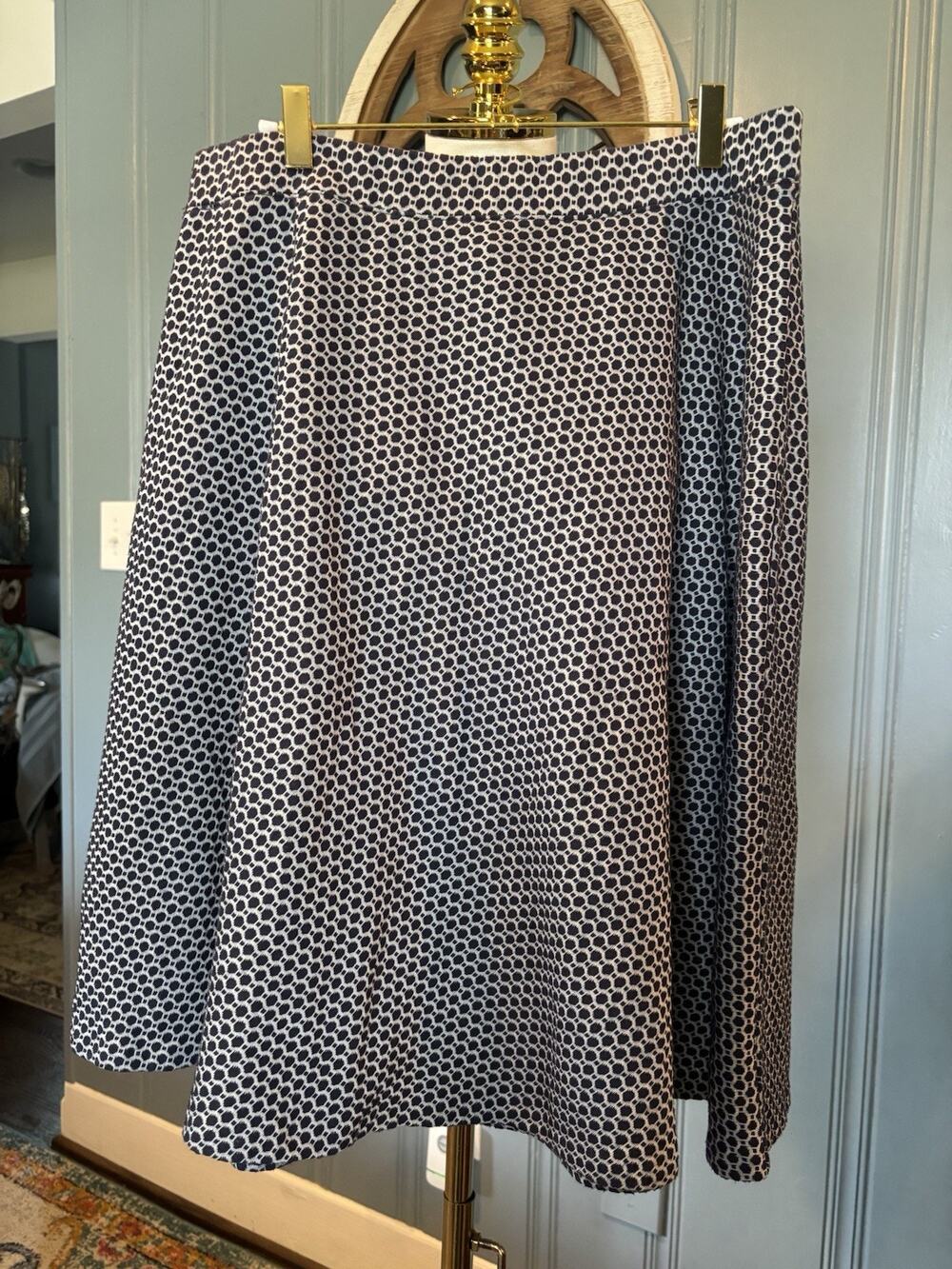 Talbots Heritage Nautical Navy & White Geo Knit Stretch A-Line Knee Skirt 12